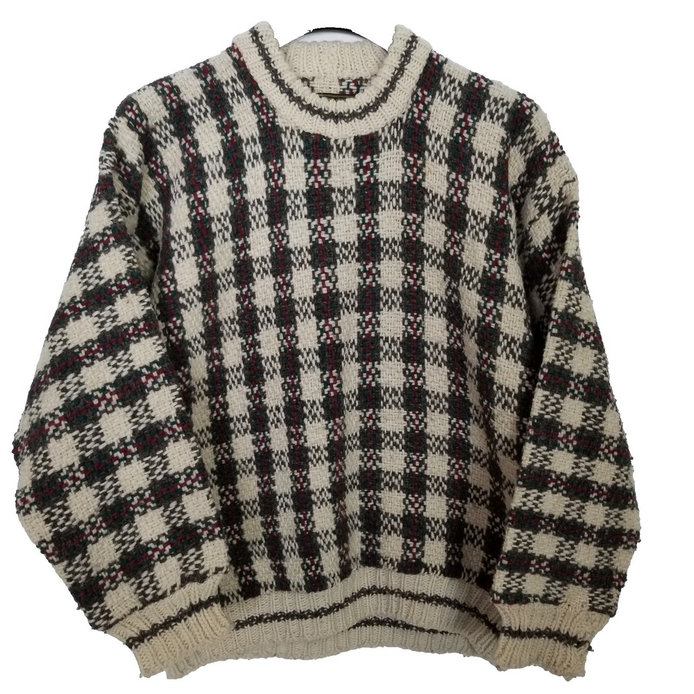 Nuca Huaci Men‎ 100% Virgin  Wool Thick Pullover Sweater Sz M Black White Plaid